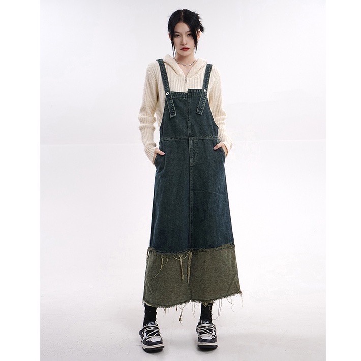 Váy Yếm Jean Basic Dáng Dài Vintage 2023 .