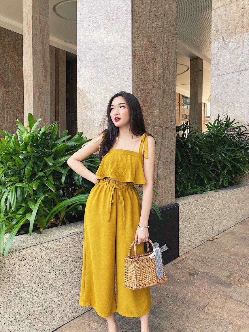 Sét đồ bộ voan áo hai dây babydoll phối quần ống rộng thời trang TTSA1067