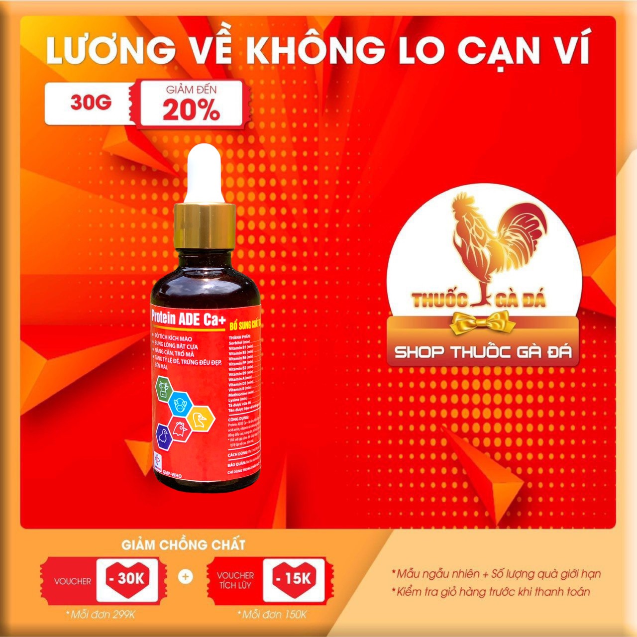 Lẻ 50ml Protein ADE Ca+ Đạm cao cấp giúp gà nở khung, tăng cân, bóng lông cho gà đá