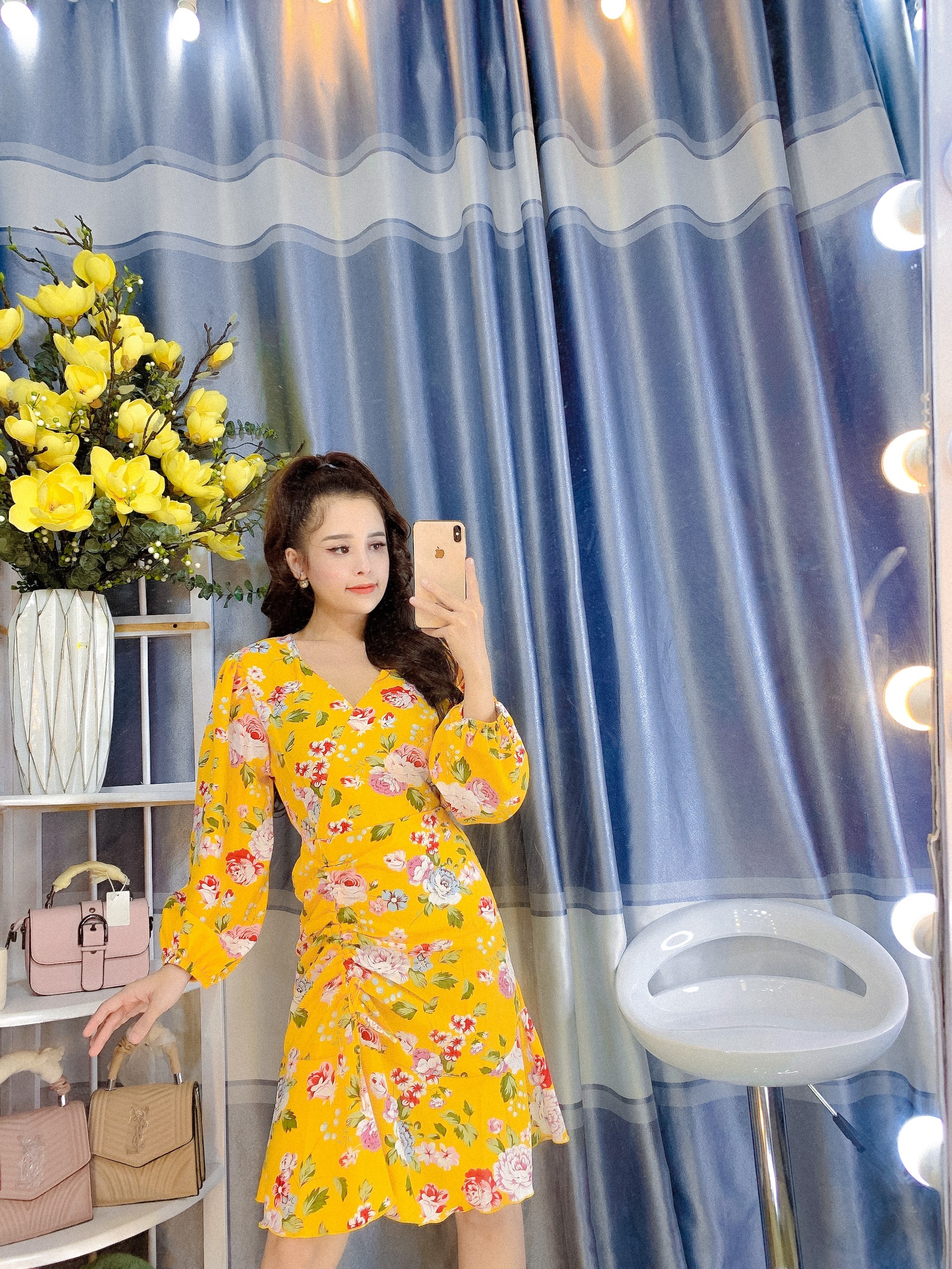 [HCM][Hình Thật] Đầm hoa rút eo tay dài thanh lịch DN09