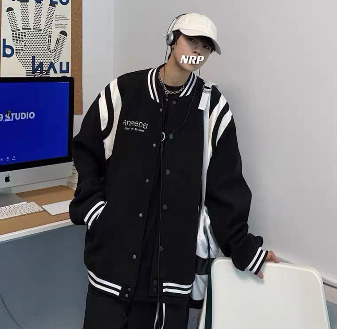 Áo khoác nỉ bomber nam nữ ,Áo sweater hoodie nam nữ cúc bấm đen viền trắng U293