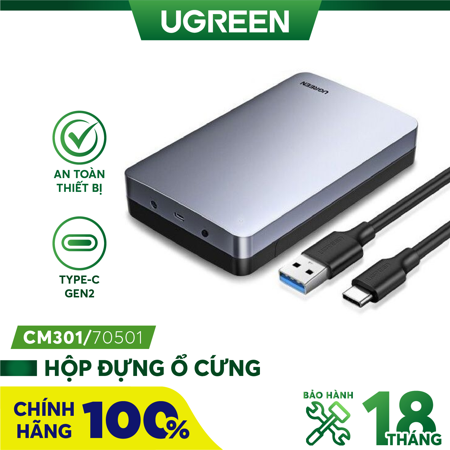 Hộp đựng ổ cứng UGREEN CM301 CM299 - 2.5 3.5 Inch 6Gb- Cổng Type-C gắn PC - Cổng Usb 3.1 Gen2 - Hàng chính hãng - Bảo hành 24 tháng