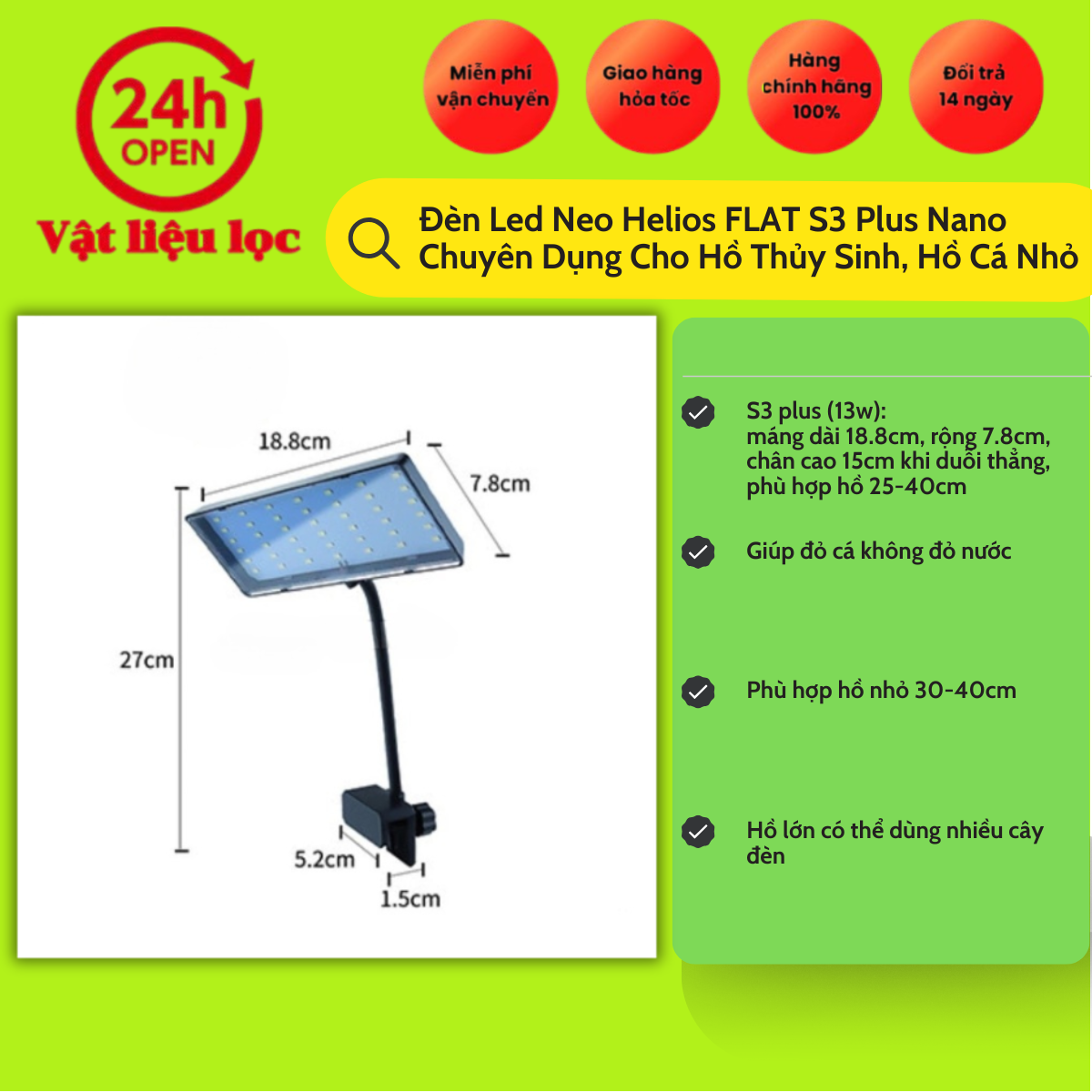 Đèn Flat Nano S3 Plus 13w Đỏ Cá Không Đỏ Nước dành cho bể cá