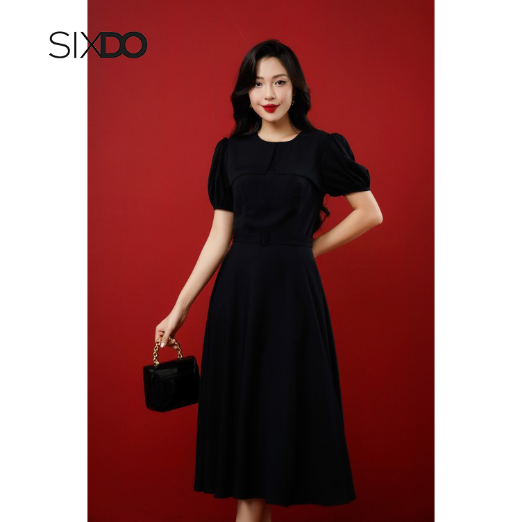 Đầm lụa đen phối đai SIXDO (Black Short Sleeves Midi Silk Dress)