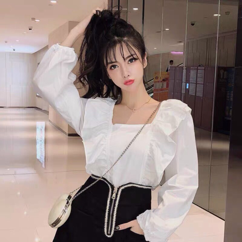 Áo voan bèo cổ vuông cách điêu thời trang TTSA0879