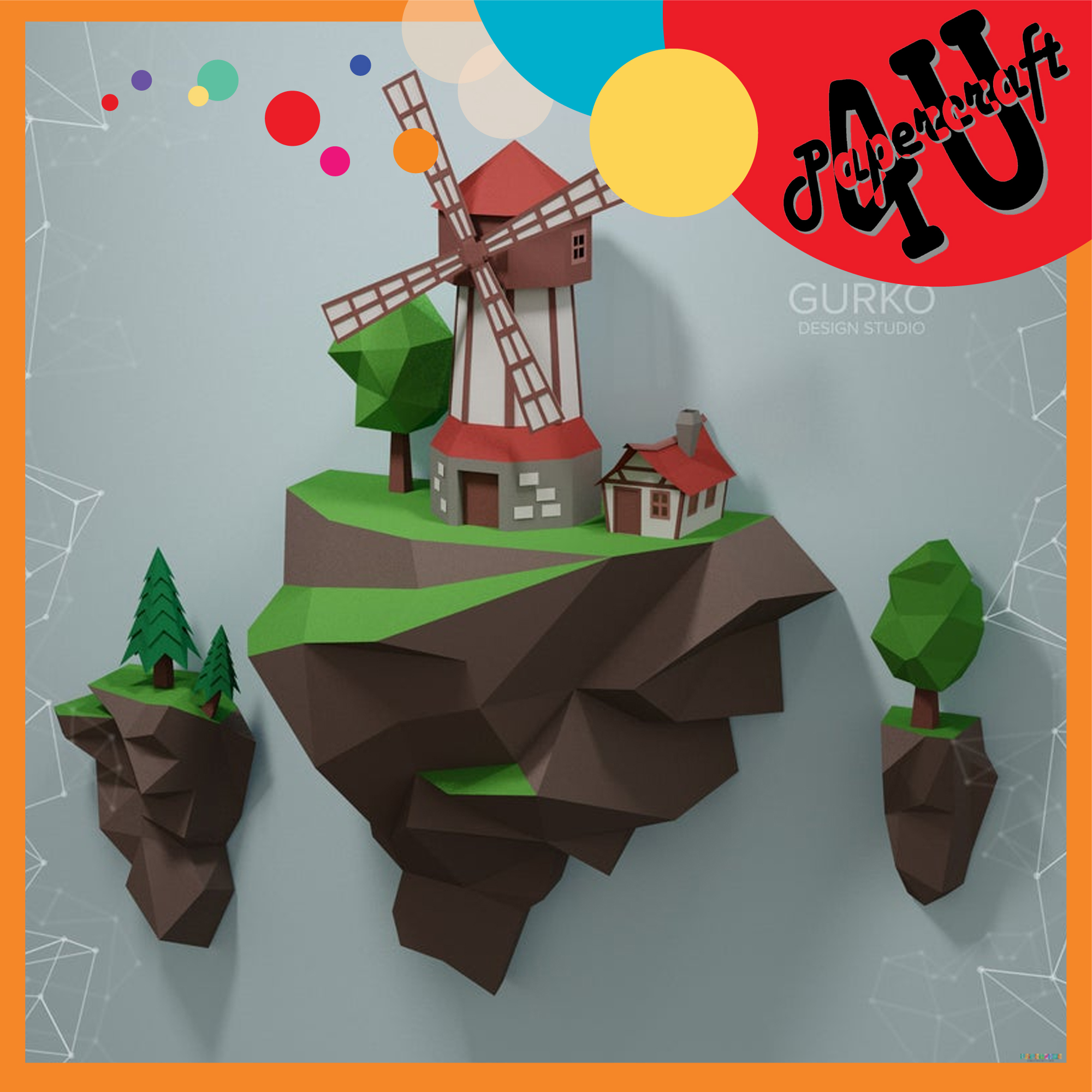 Mô hình giấy 3D  treo tường: Cối xay gió