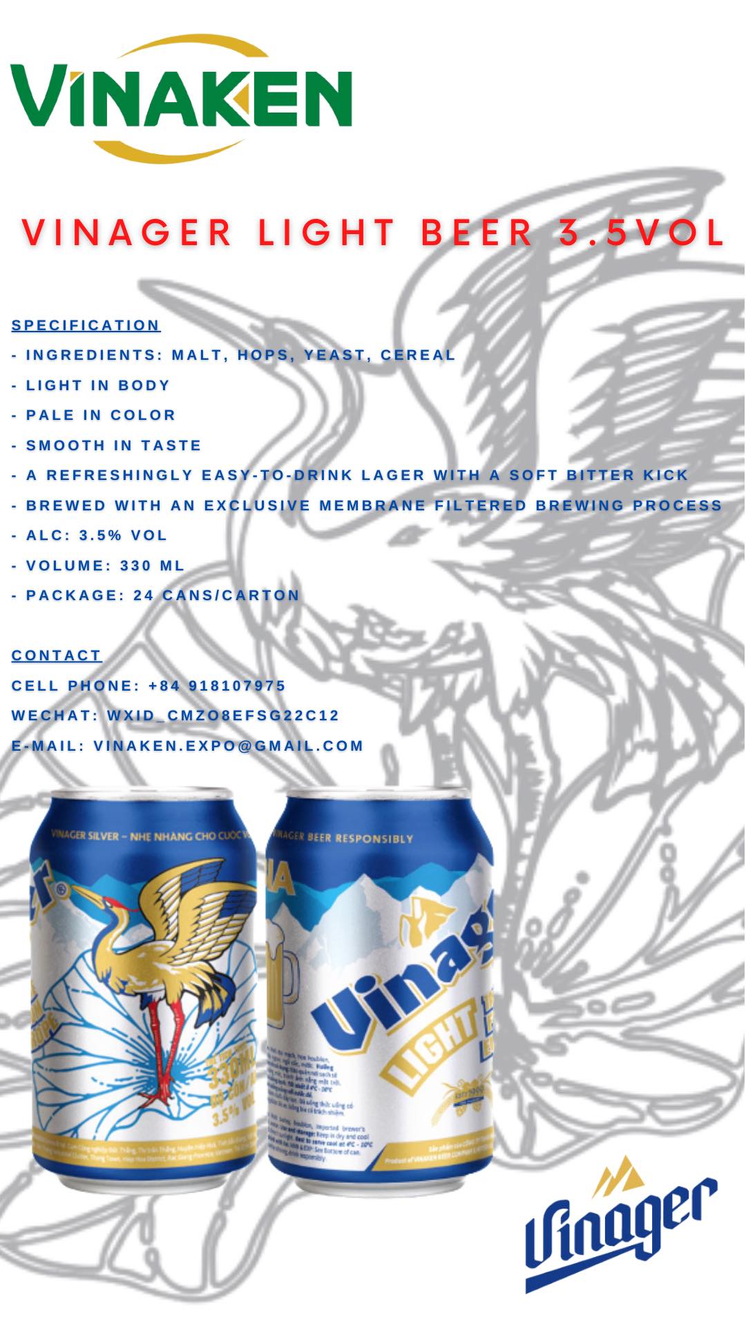 VINAGER LIGHT - BIA CON CÒ - THÙNG 24 LON