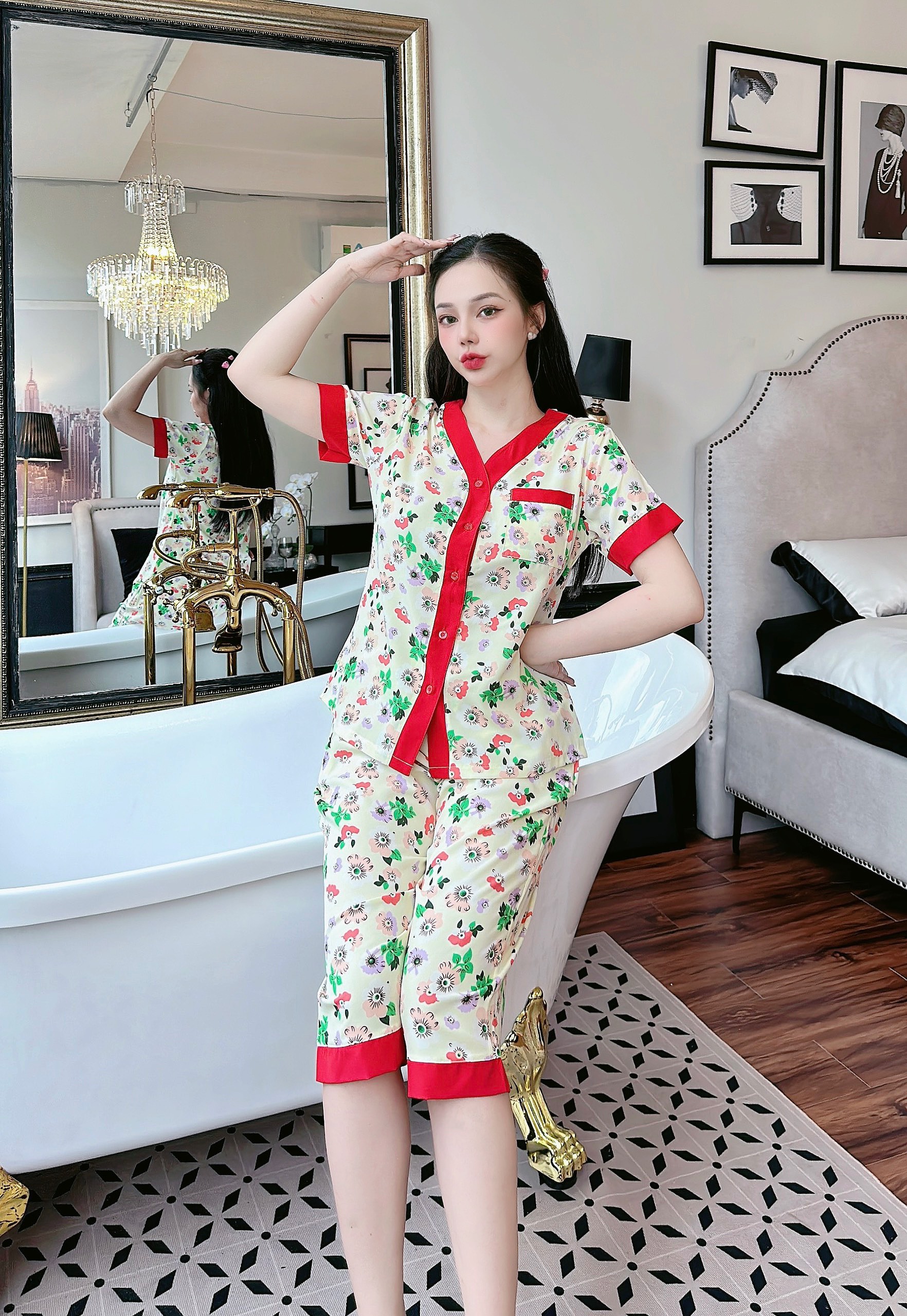 [3 size 46-62KG] Đồ bộ LỤA PIJAMA HOA LÁ MỀM MÁT DỄ THƯƠNG thời trang