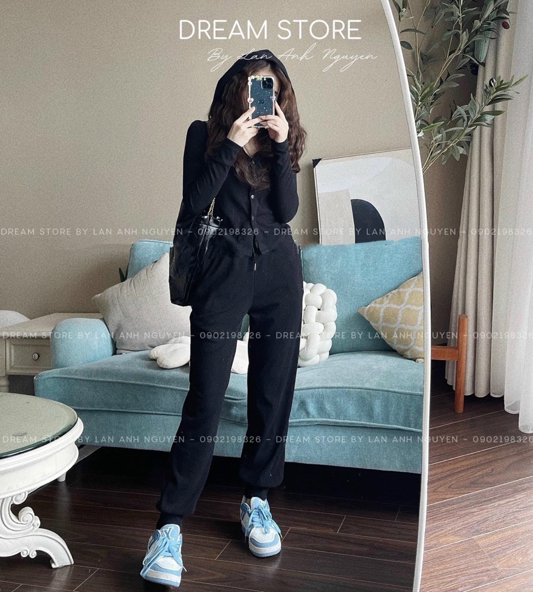 Set bộ nữ phong cách thể thao chất liệu thun gân áo tay dài mix quần dài cực basic,dễ thương.