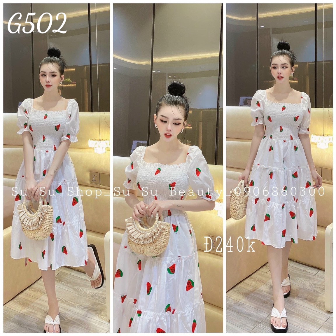 Đầm xoè trễ vai trái cây voan lụa G502