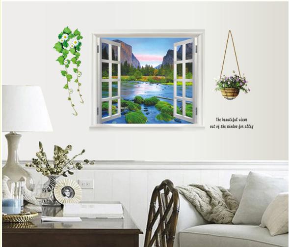 Decal trang trí tường - Cửa sổ Sông Nước lẳng hoa