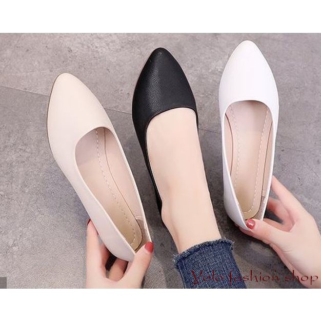 Giày búp bê nữ mũi nhọn da mềm giản dị đế 2cm cực êm chân -Kèm hình thật