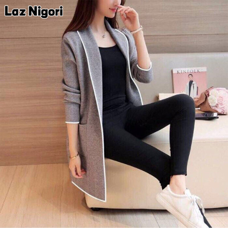 NI Sweaters & Cardigans for women，Autumn and winter Korean version of POLO collar long-sleeved cardigan jacket fat MM long casual large size solid color stitching sweater