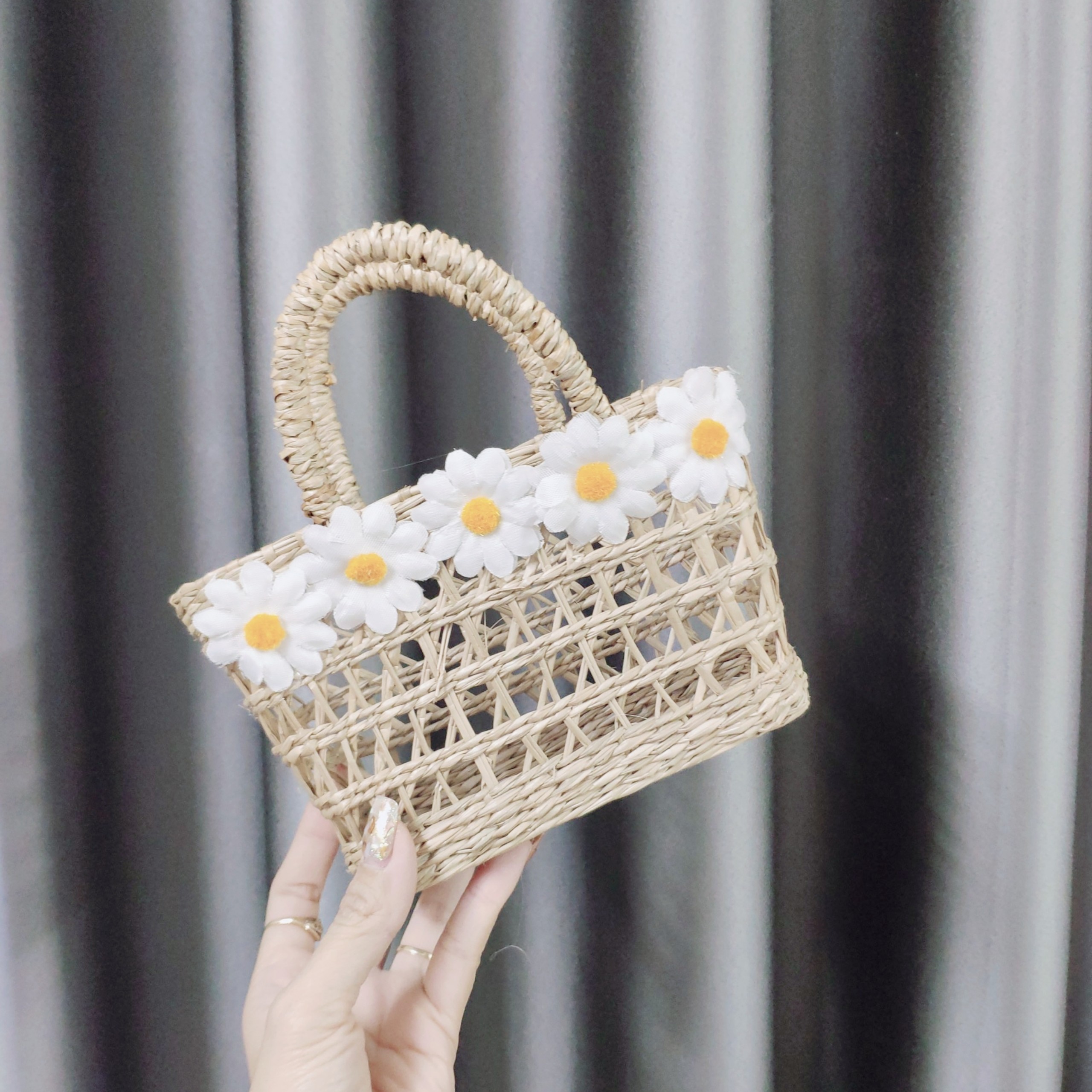 Túi Cói Mini Vintage Cầm Tay Sống Ảo (18x16cm)