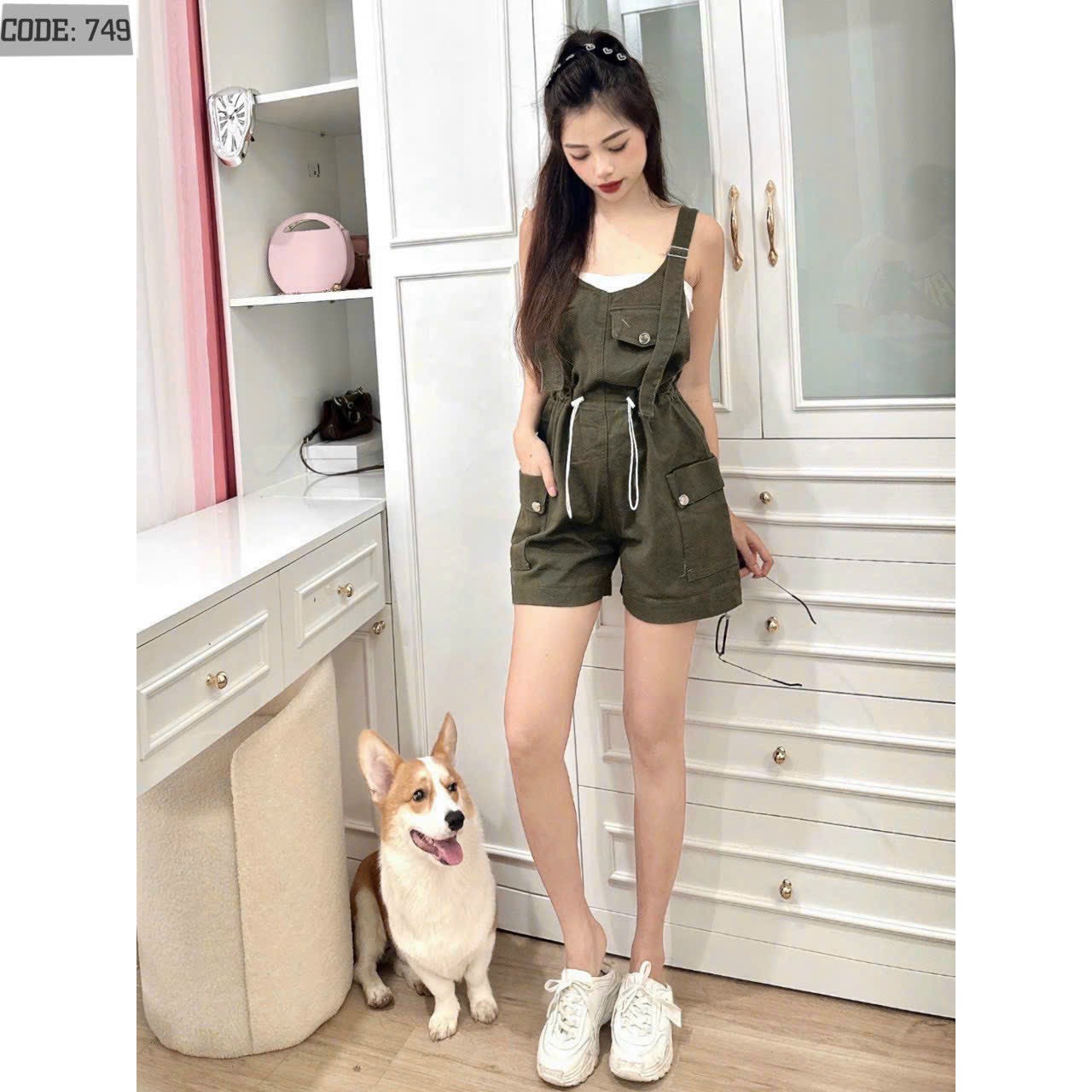 Quần yếm jean nữ phối dây rút eo mẫu hot 001