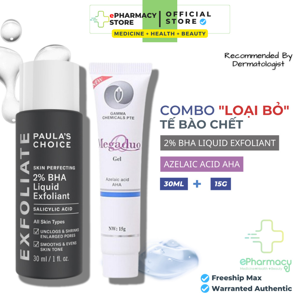 COMBO Paula's Choice BHA 2% [30ml] + Megaduo (AHA) Gel [15g] AHA + BHA tẩy da chết tái tạo da