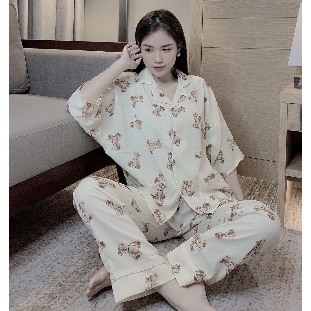 [BỘ PIZAMA NỮ] Bộ Pijama Lụa Áo Cộc Quần Dài, Bộ Đồ Mặc Nhà Chất Lụa Mango Siêu Mềm