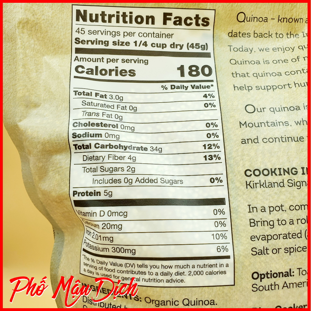 HẠT DIÊM MẠCH (QUINOA) ORGANIC KIRKLAND 2.04kg
