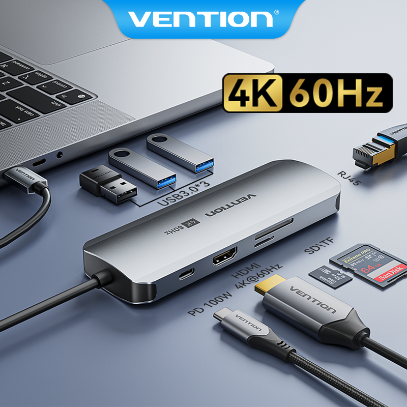 Thiết bị 9 trong 1 vention hub chuyển đổi usb type c sang 4k hdmi, usb 3.0, sạc pd