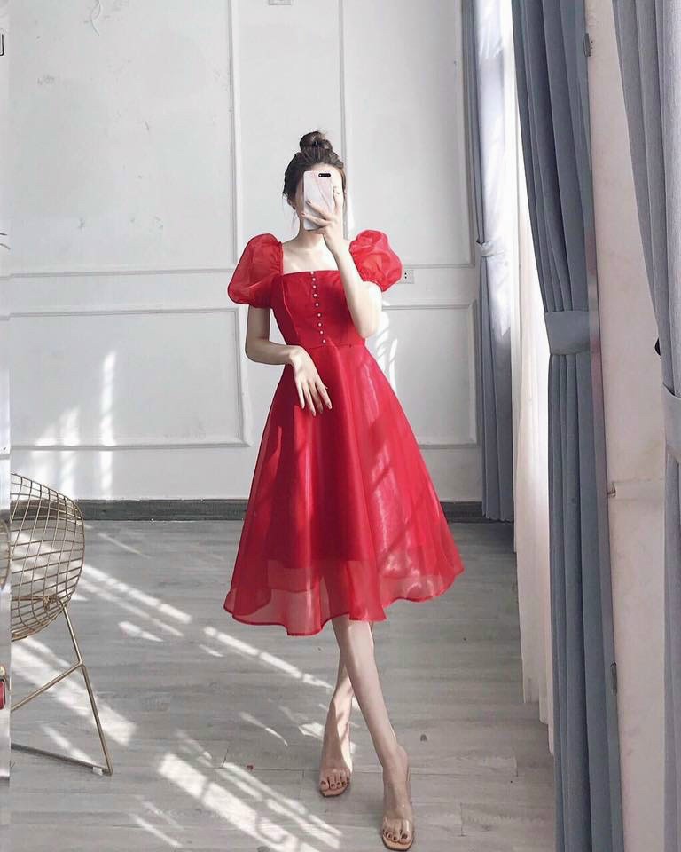Đầm xòe nút ngực-QH#damnu