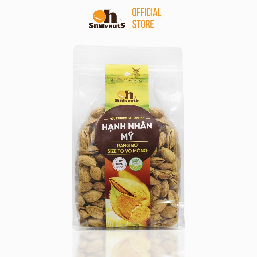 Hạt Hạnh Nhân Rang bơ Mỹ Smilenuts túi 500g _ Hạnh nhân Mỹ nguyên vỏ size lớn, vỏ mỏng, rang bơ thơm ngọt, béo bùi _ Hạnh nhân Mỹ rang bơ cao cấp theo tiêu chuẩn Mỹ