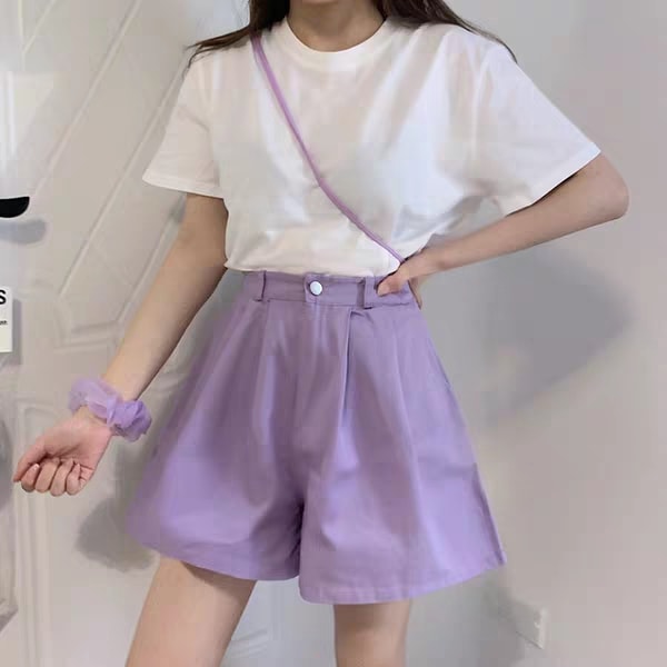 Quần short kaki ống rộng cài nút nữ