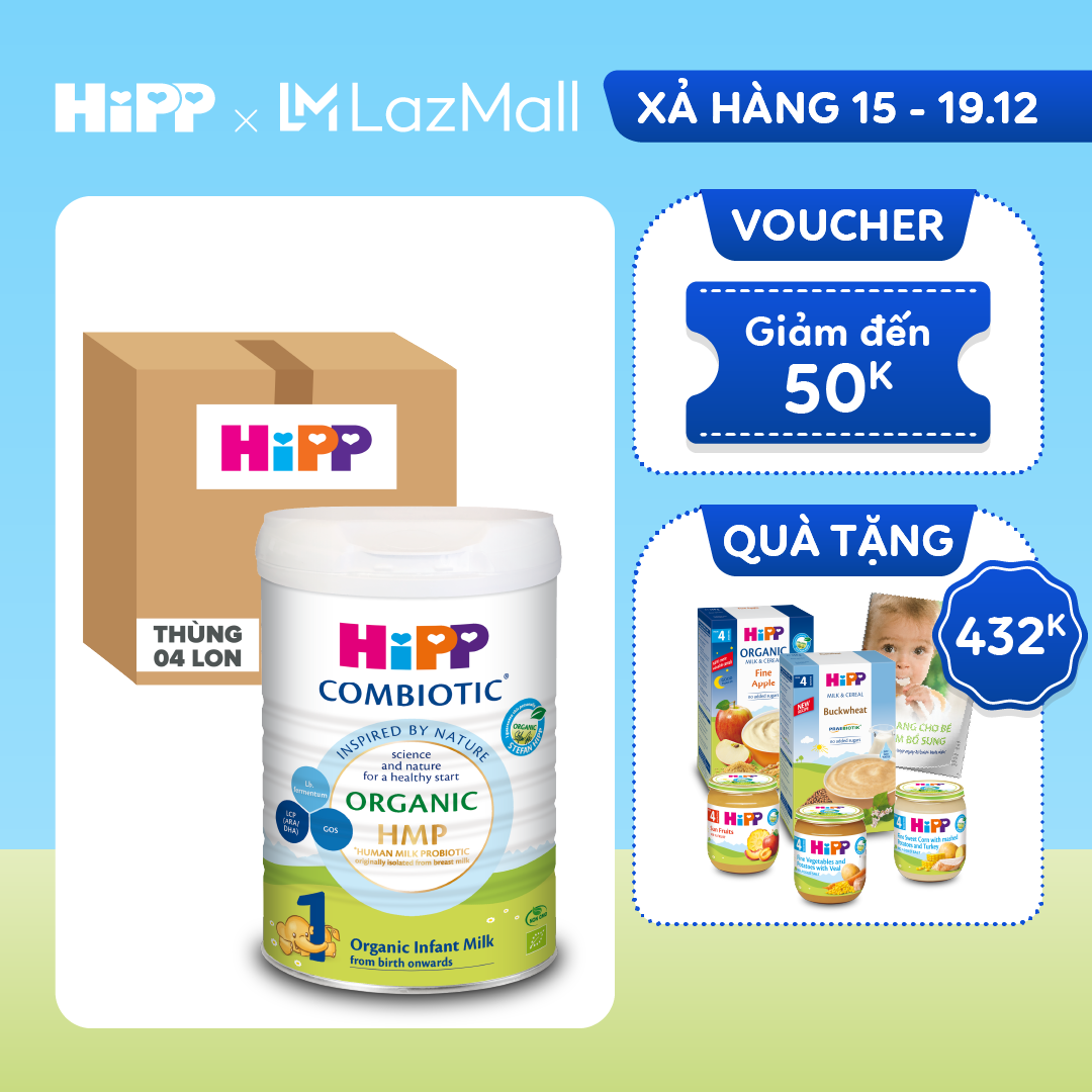 Thùng 4 lon sữa bột dinh dưỡng công thức HiPP 1 Organic Combiotic 800g