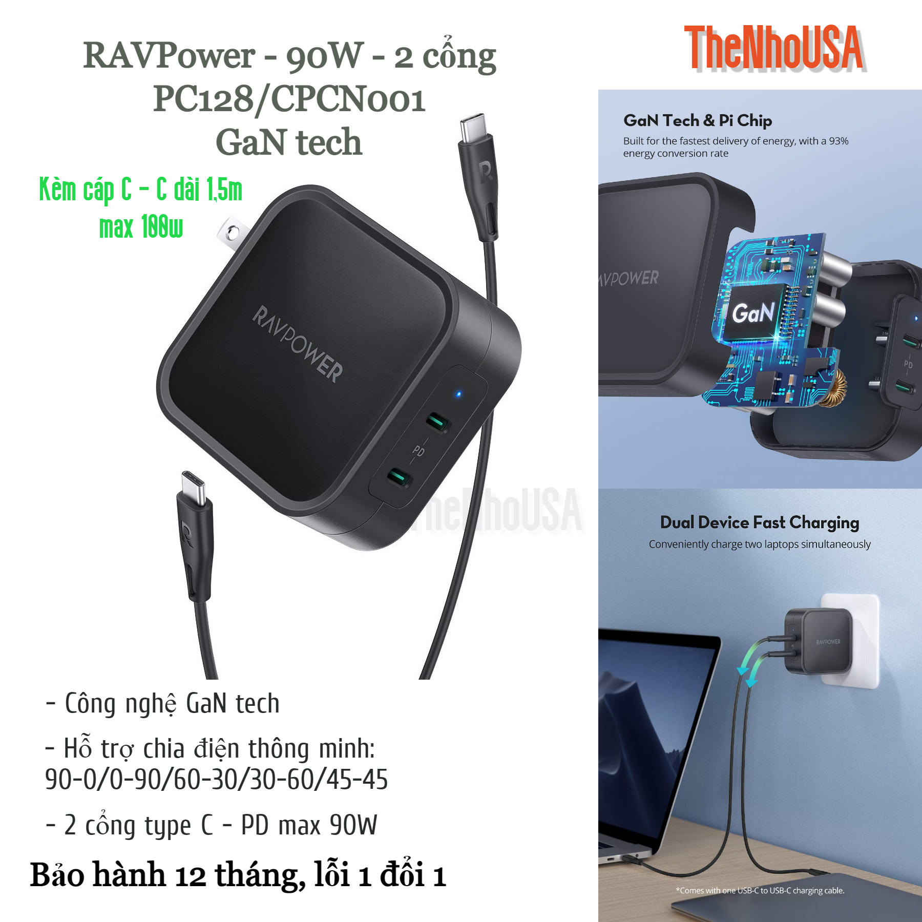 Củ sạc nhanh RAVPower 90w - 2 cổng type C (GaN tech) RP-PC128 [BH 12T]