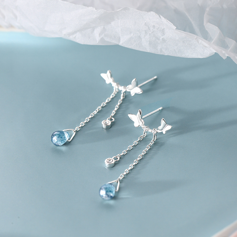 Bông tai nữ bông tai dáng dài bạc S925 cao cấp, bông tai hình cánh bướm đá xanh độc đáo phong cách Hàn Quốc B2607 Bảo Ngọc Jewelry