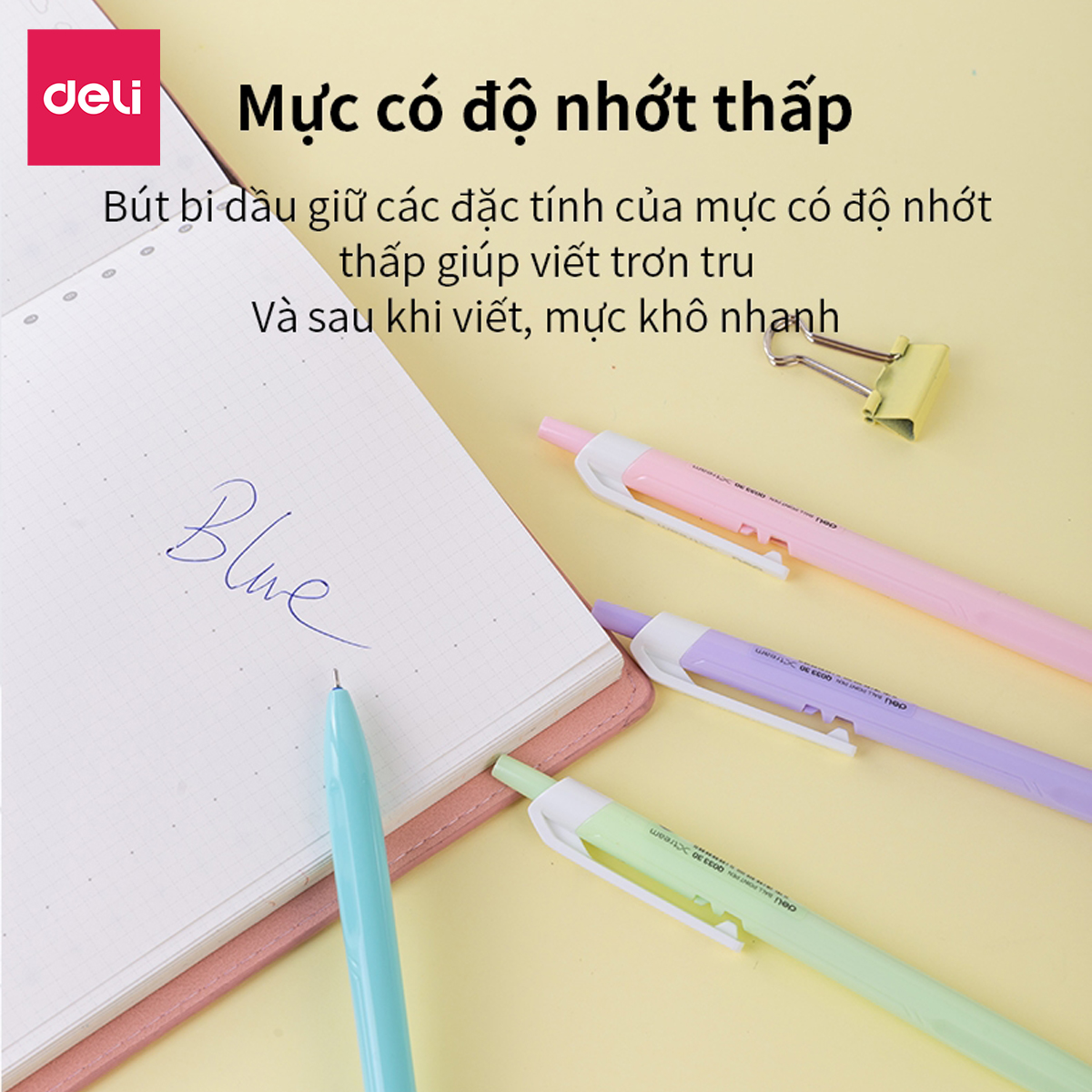 Bút bi bấm văn phòng mực xanh ngòi 0.7mm Deli giá rẻ viết nét đều trơn tru - Hộp 12 chiếc - EQ03330