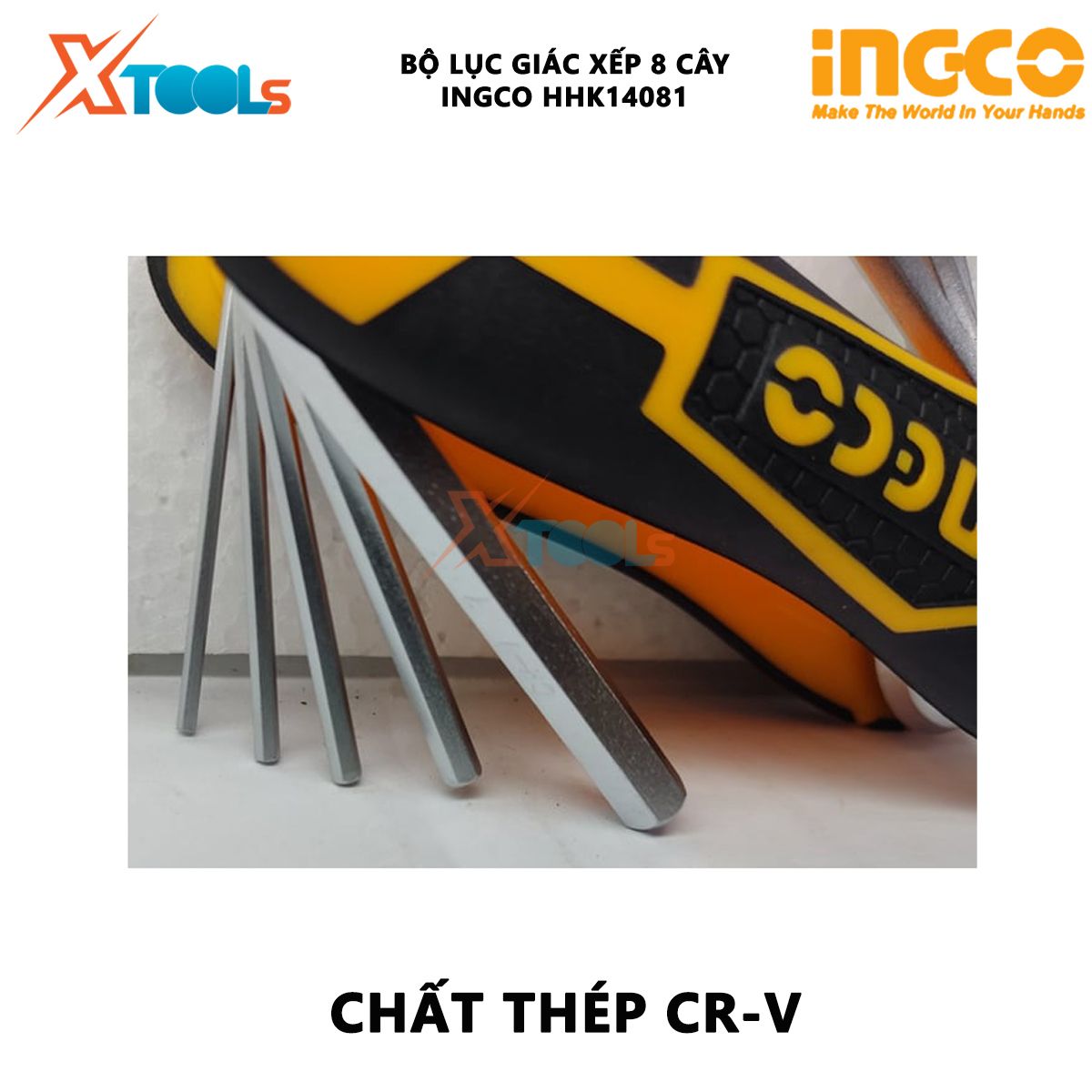 Bộ lục giác đầu bằng xếp 8 cây INGCO HHK14081 Bộ chìa khóa lục giác Kích thước 2-8mm Chất liệu Cr-V mở bulong, đai ốc XTOOLs