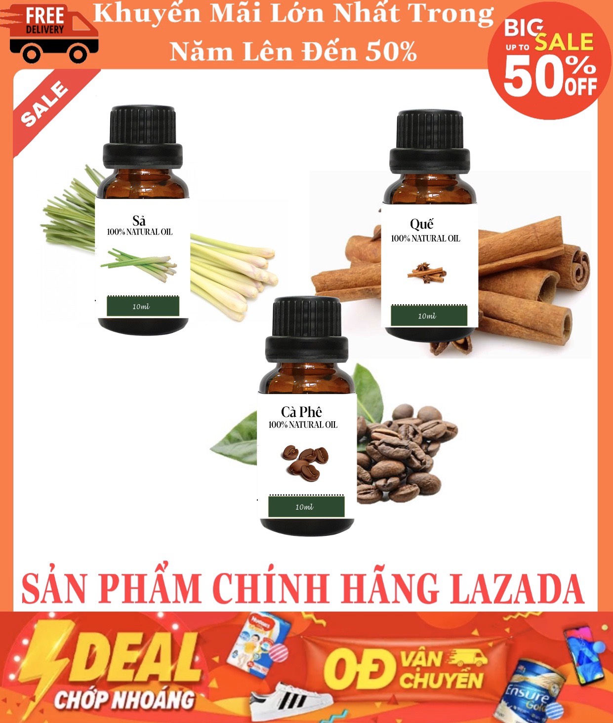 [HCM]BỘ 3 CHAI TINH DẦU THIÊN NHIÊN CAO CẤP TINH DẦU SẢ QUẾ CAFE