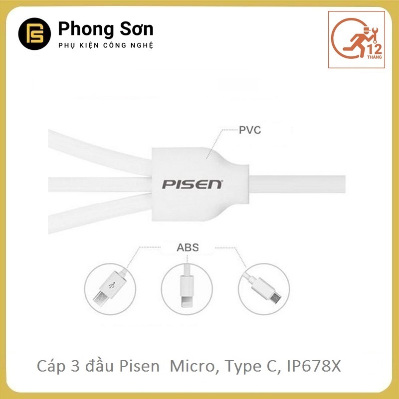 Cáp sạc Pisen 3in1 (TypeC, Micro, Lightning)
