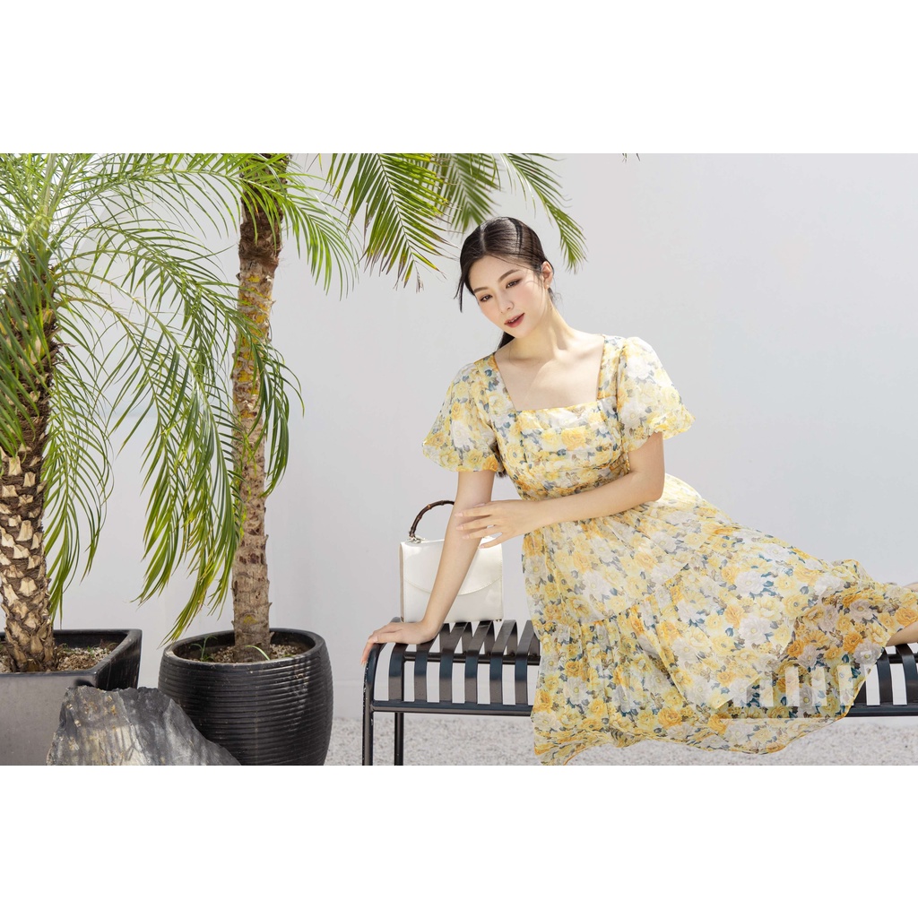 MAIIMER -  Đầm tơ in hoa vàng HEBE
