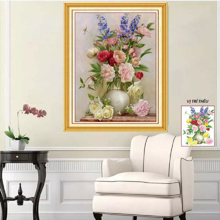 Tranh thêu chữ thập bình hoa hồng lv3406, kích thước 50x60cm - tranh thêu chữ thập 3d