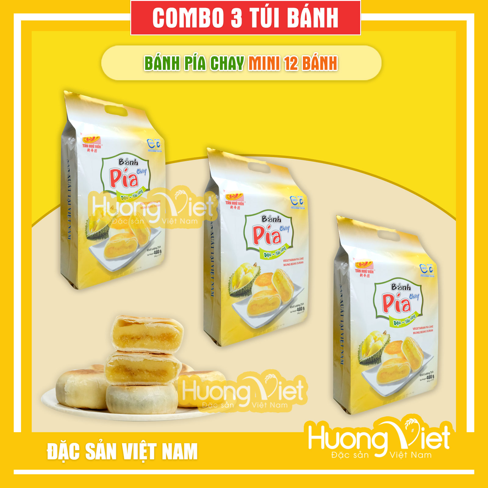 Combo 3 gói bánh Pía Chay Mini Tân Huê Viên đậu xanh sầu riêng 480gr, bánh pía Sóc Trăng