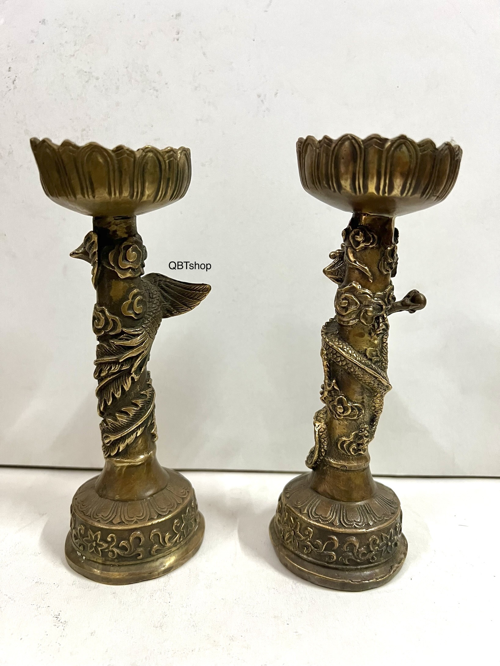 Cặp chân đèn long phụng bằng đồng