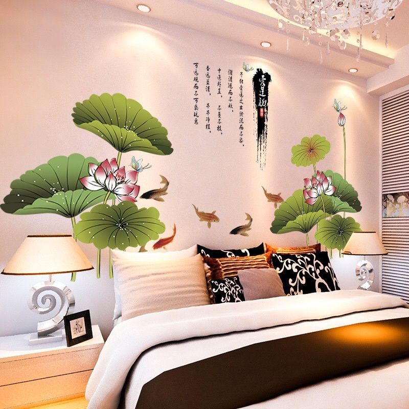 Decal dán tường, tranh dán tường đầm sen và cá