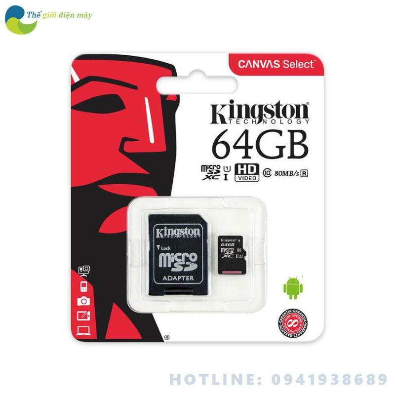 Thẻ nhớ microSD  Kingston 64GB class 10 u1 Canvas Select 80MB/s - Bảo hành 5 năm - shop Thế giới điện máy