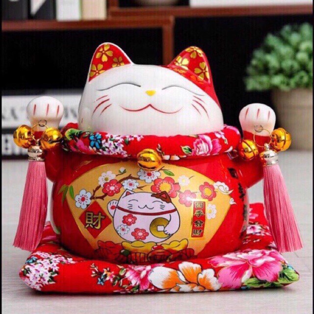 Mèo Thần Tài đỏ giơ 2 tay-Đa Phú Quý 18cm