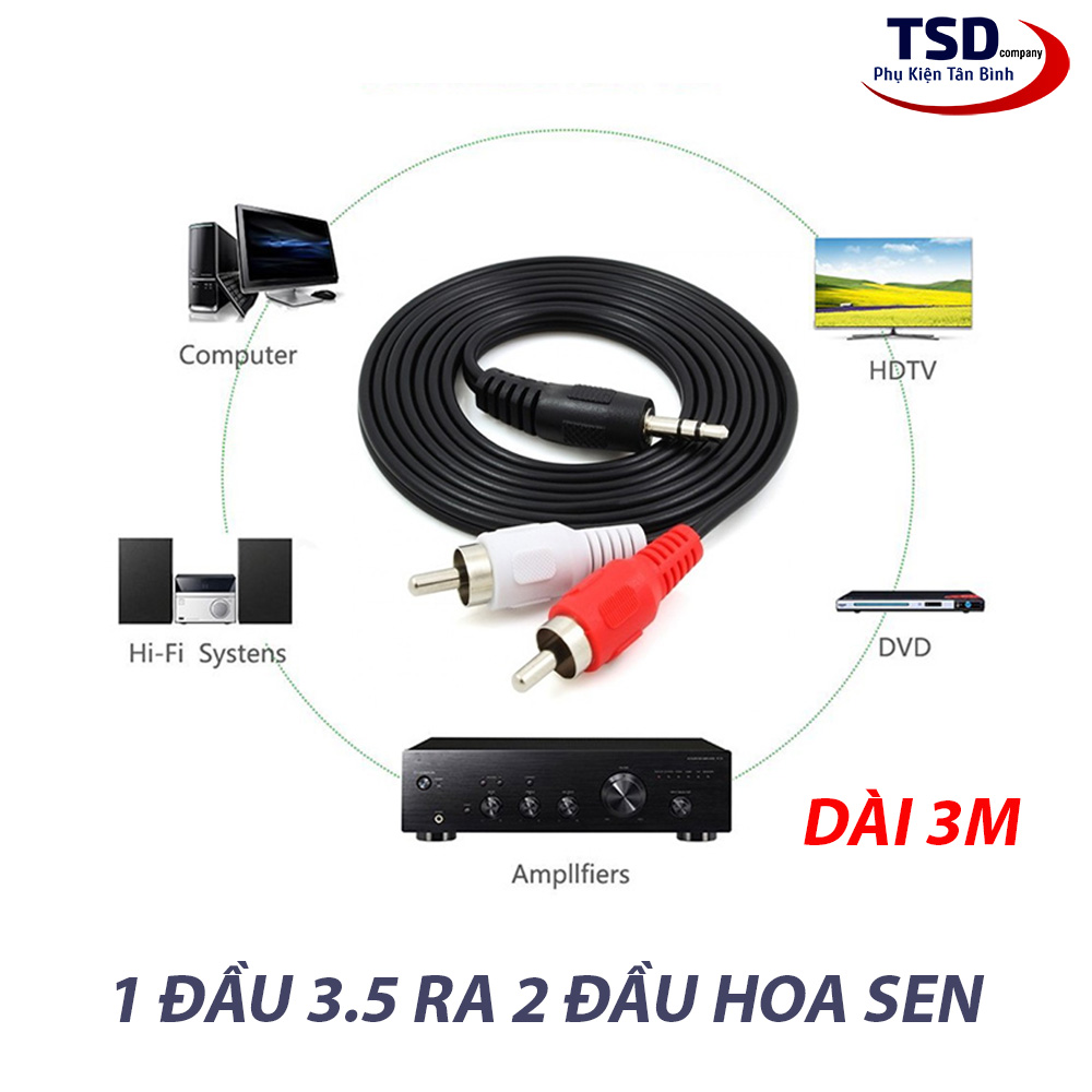 Cáp AV 3.5 Ra 2 Đầu Bông Sen 1.5m/ 3m - Đen [Loại thường]