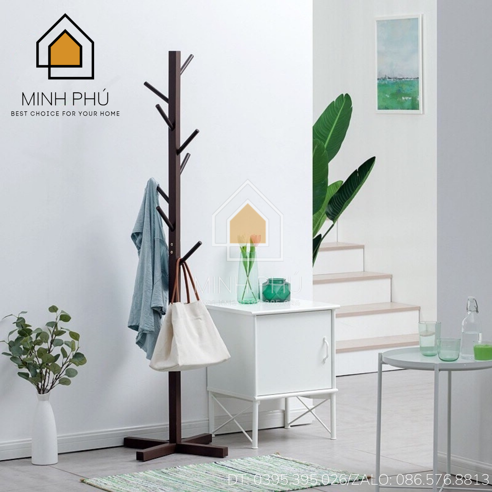 Cây treo quần áo gỗ tự nhiên, giá treo đồ, cây treo mũ