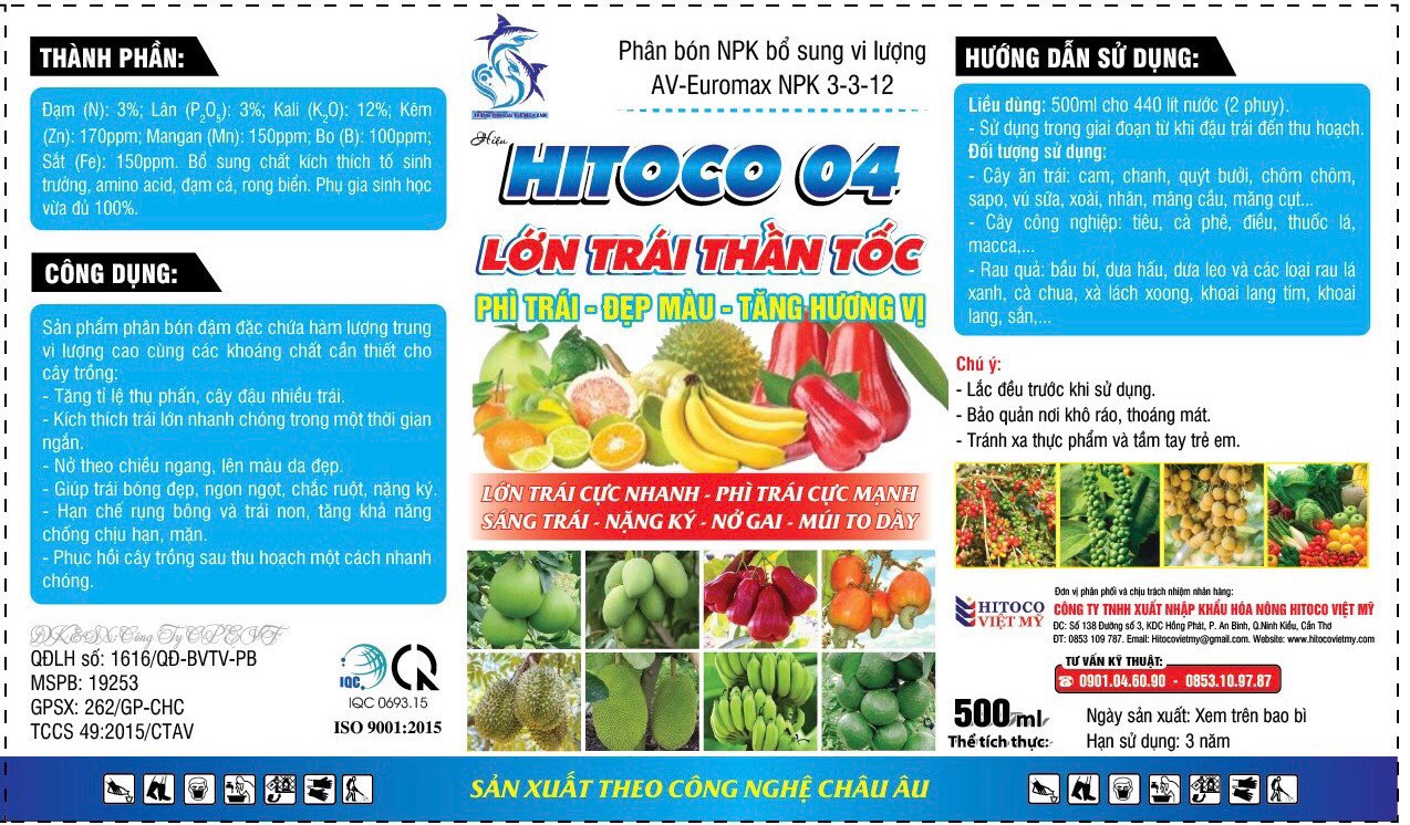 Phân bón hitoco 04 – lớn trái thần tốc, phì trái, đẹp màu, tăng hương vị cho cây măng cụt chai 500ml