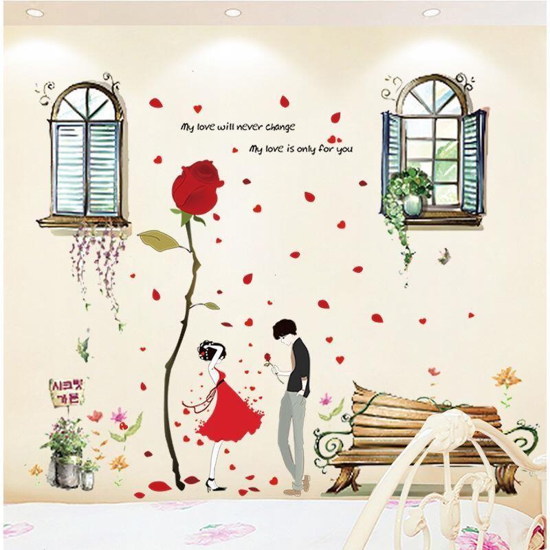 Combo 2 bức decal dán tường khung cửa sổ kết hợp đôi uyên ương