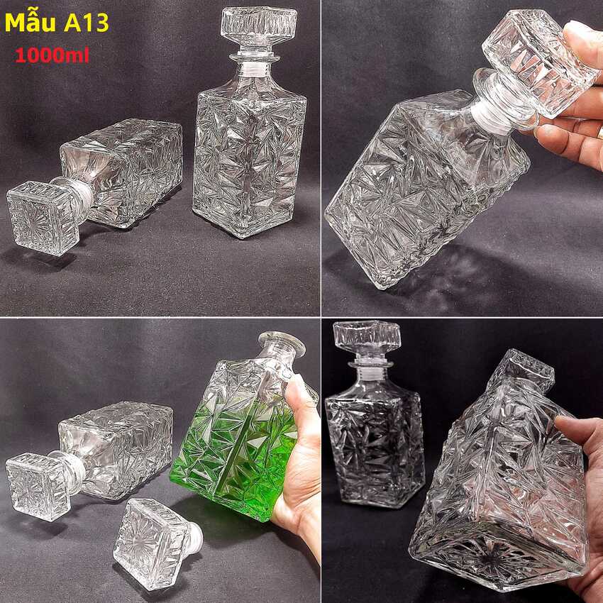 Chai Đựng Rượu 1 Lít cao cấp mẫu vuông giác kim cương – Vỏ Chai Rượu Đẹp 1000ML - Bình Đựng Rượu Thủy Tinh (A13)