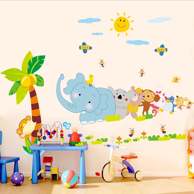 Decal dán tường khỉ con voi con cho bé AY7261-kiddecals Có sẵn keodán trên mọi bề mặt