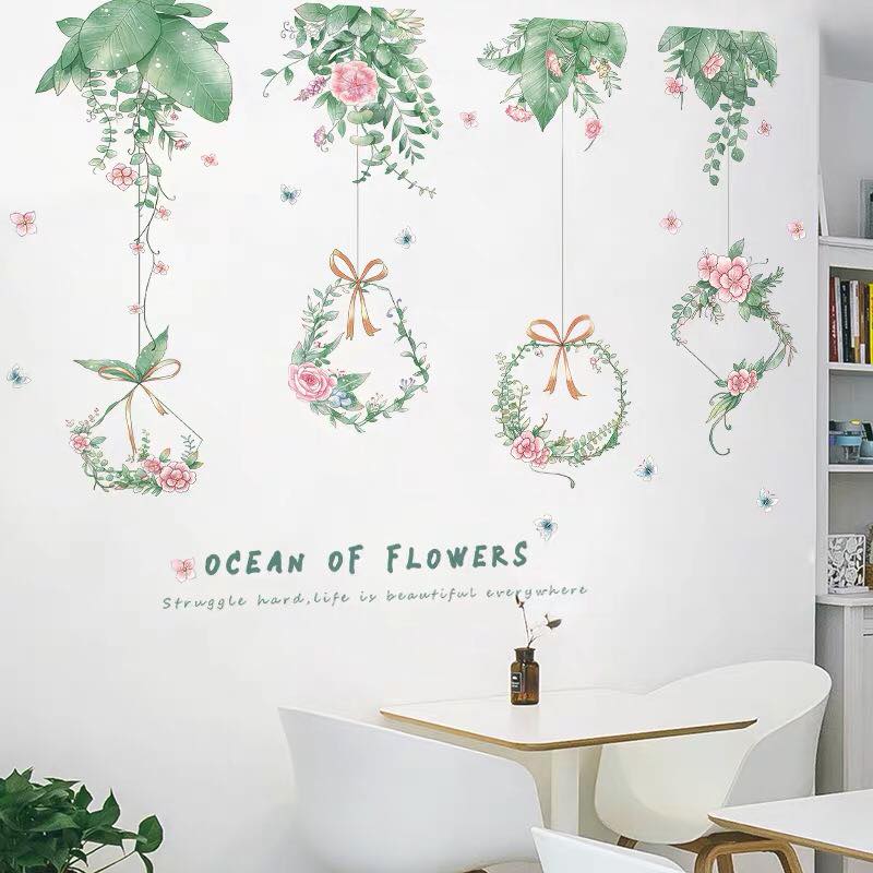 DECAL DÁN TƯỜNG LÁ GIỎ TREO HOA