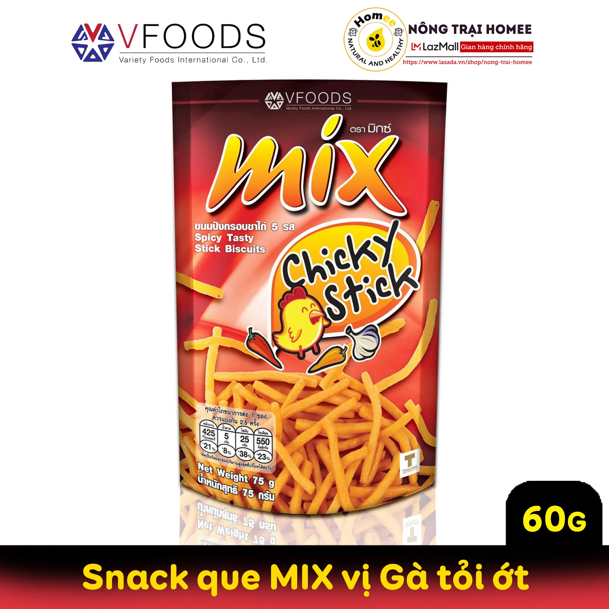 Bánh Snack que cọng nhập khẩu Thái Lan MIX VFOODS 60g | Vị Gà Tỏi Ớt | NÔNG TRẠI HOMEE