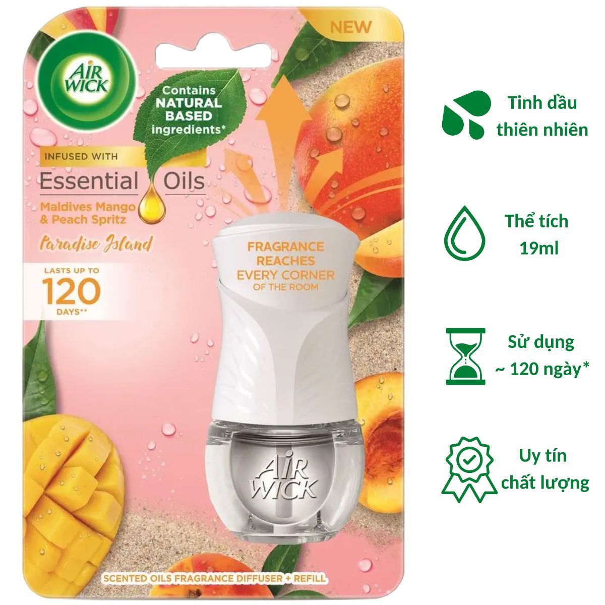 Bộ Tinh Dầu Cắm Điện Air Wick AWK2465 Maldives Mango & Peach Spritz 19ml (Hương xoài Maldives, gió biển), sử dụng điện 220V, làm thơm phòng