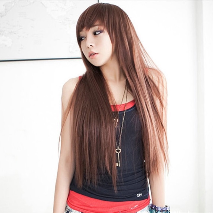 Tóc giả nữ nguyên đầu,tóc giả nữ cao cấp làm bằng tơ mềm mượt như tóc thật (màu nâu) + tặng kèm lưới